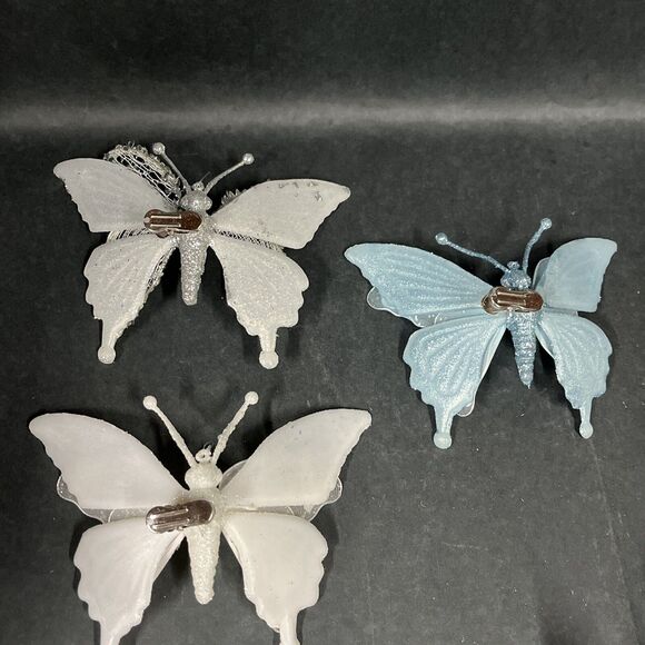 12 Silver/Blue Glittered Christmas Ornaments:Butterflies Dragonfly Bird Flowers - Picture 3 of 16